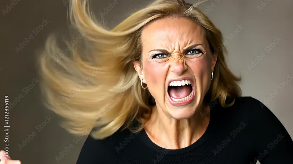 Expression of intense anger with flowing hair and fierce emotion captured indoors during a dramatic moment Expression of intense anger with flowing hair and fierce emotion captured indoors during a dramatic moment