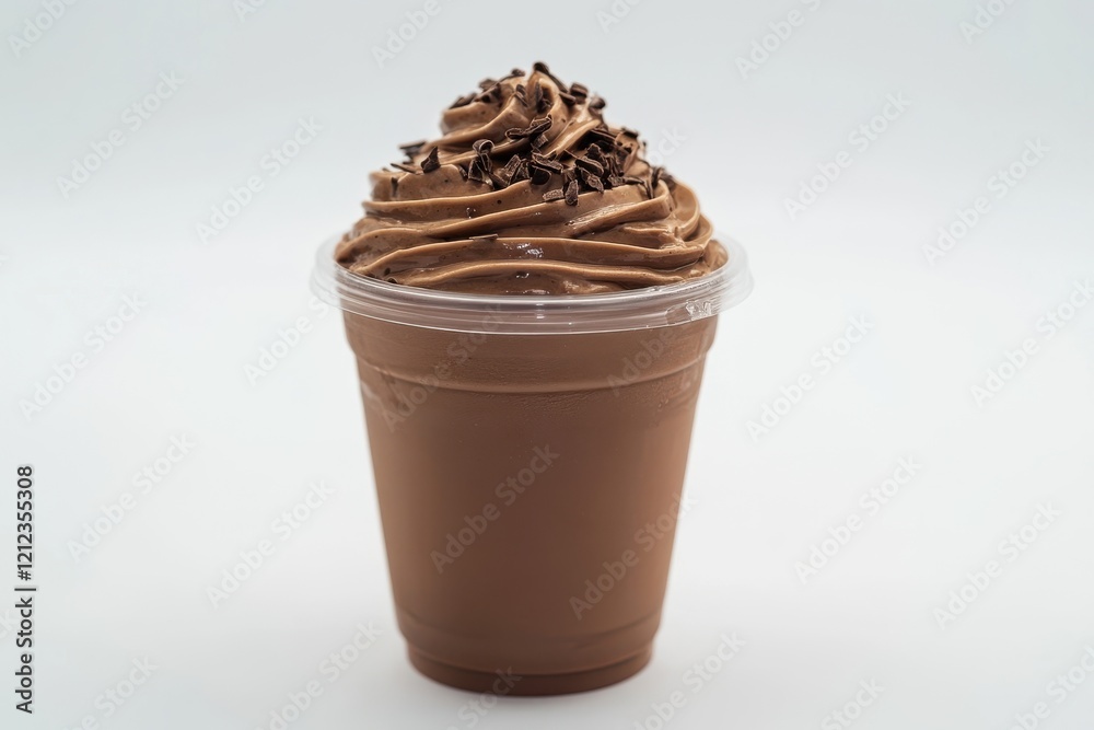Delicious chocolate milkshake in a clear cup showcasing creamy texture and delightful toppings on bright white background