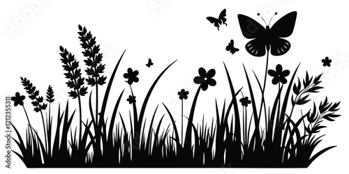 Flowers plants grow on the grass set black silhouette
