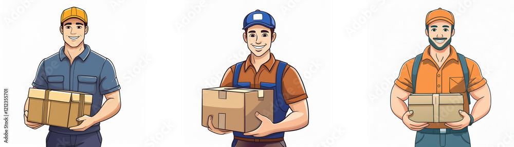 Three delivery workers, each in different uniforms, hold packages. They represent diverse courier services. Three delivery workers, each in different uniforms, hold packages. They represent diverse courier services.