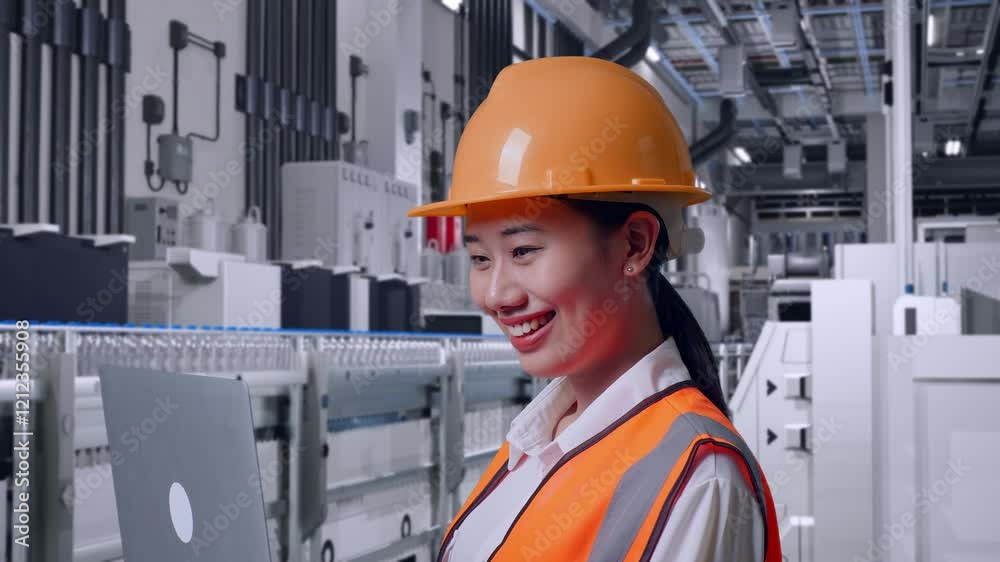 Close Up Side View Of Asian Female Engineer With Safety Helmet Working On A Laptop With Water Production in Bottling Factory Close Up Side View Of Asian Female Engineer With Safety Helmet Working On A Laptop With Water Production in Bottling Factory