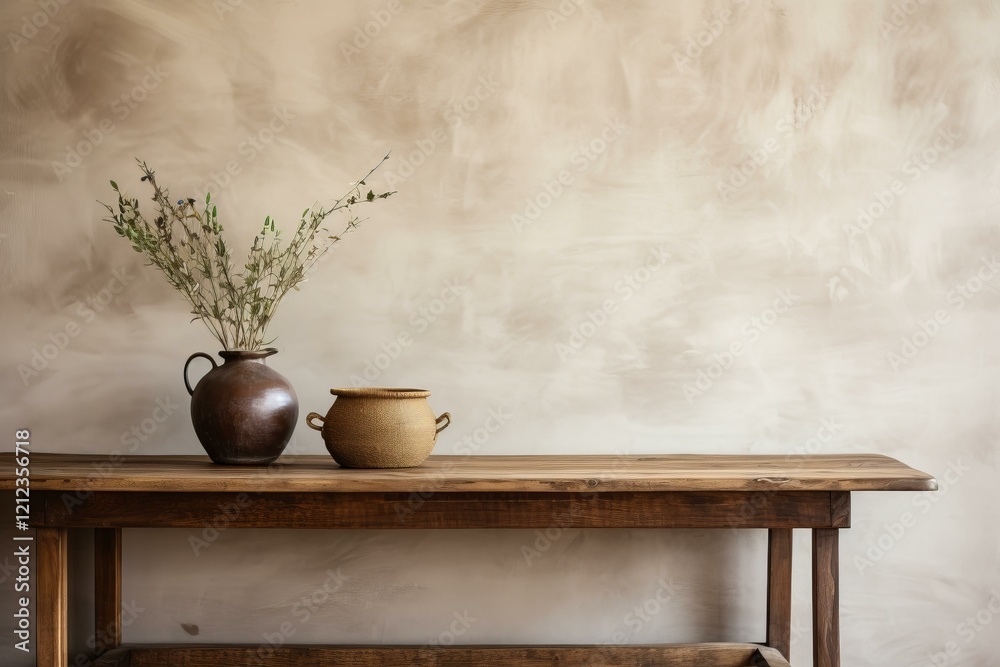 Rustic wooden table displaying earthenware vases and dried plants, set against a textured wall, creates a tranquil and minimalist scene Rustic wooden table displaying earthenware vases and dried plants, set against a textured wall, creates a tranquil and minimalist scene