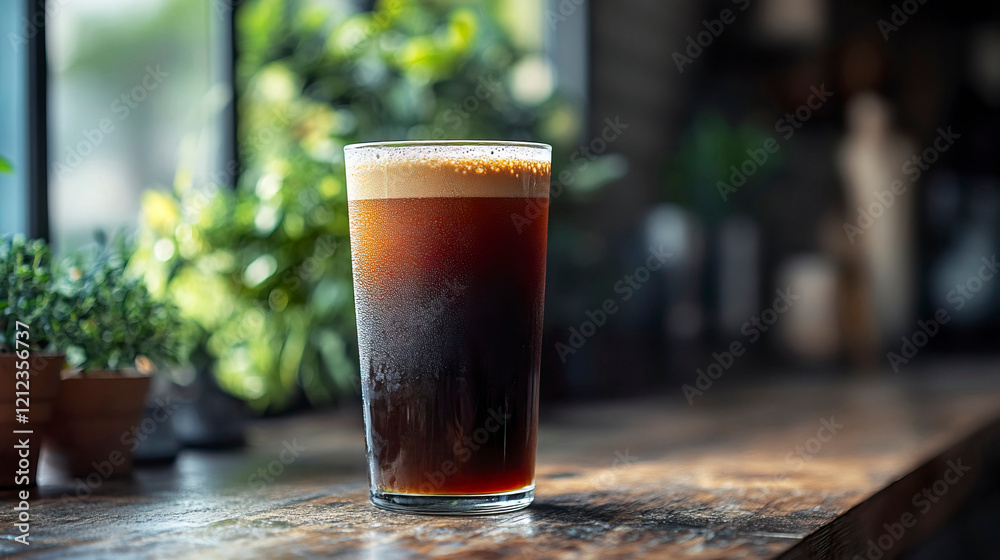 Glass of beer on a wooden table with condensation and frothy head in natural lighting Glass of beer on a wooden table with condensation and frothy head in natural lighting