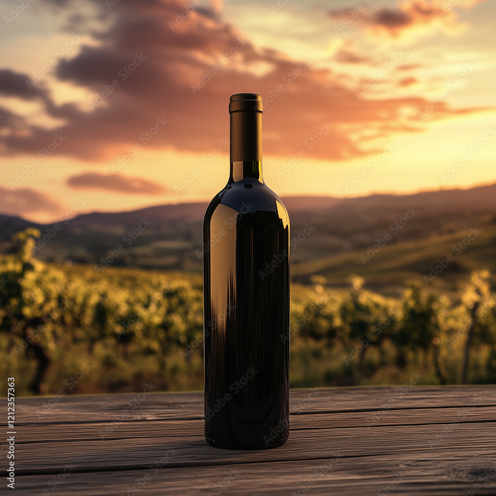 Fototapeta premium Blank wine bottle mockup placed on a rustic wooden table with a vineyard and rolling hills at sunset in the background 