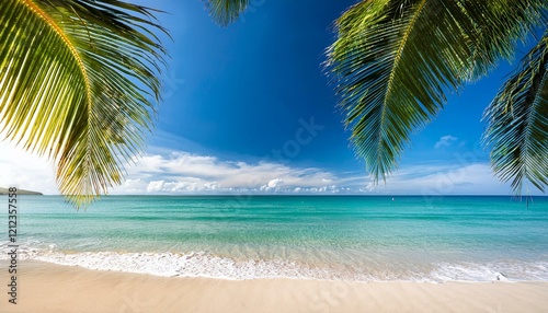 beach with ocean and palm leaves isolated on white background