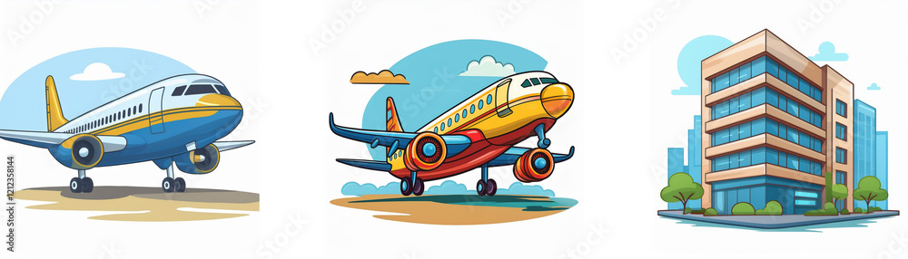 Cartoon illustration featuring two airplanes and a city building. Perfect for travel or real estate themes. Cartoon illustration featuring two airplanes and a city building. Perfect for travel or real estate themes.