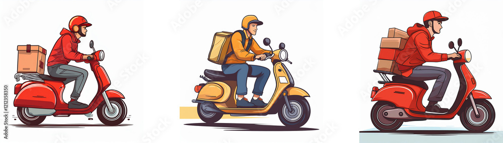 Three delivery drivers on scooters, carrying packages. Red, yellow, and red scooters shown. Fast delivery service. Three delivery drivers on scooters, carrying packages. Red, yellow, and red scooters shown. Fast delivery service.
