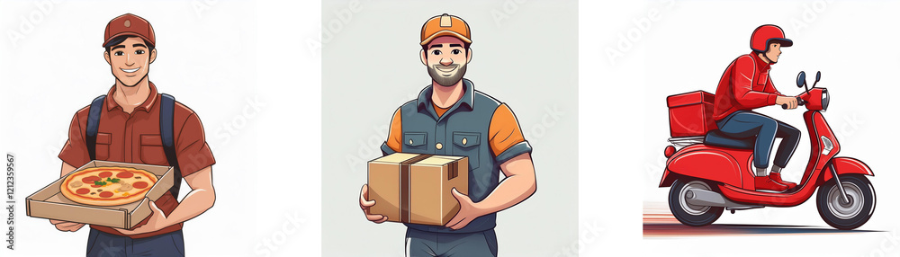 Three delivery workers shown; one carries pizza, another a package, and the third rides a scooter. Fast, efficient service. Three delivery workers shown; one carries pizza, another a package, and the third rides a scooter. Fast, efficient service.