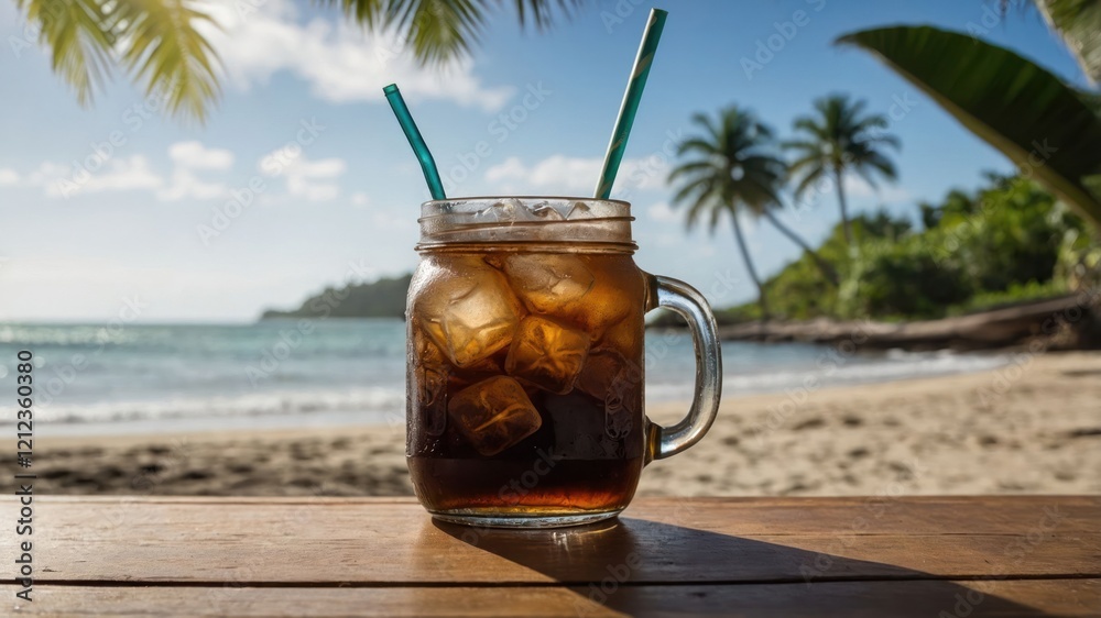 A refreshing drink with ice on a beachside table, perfect for relaxation. A refreshing drink with ice on a beachside table, perfect for relaxation.