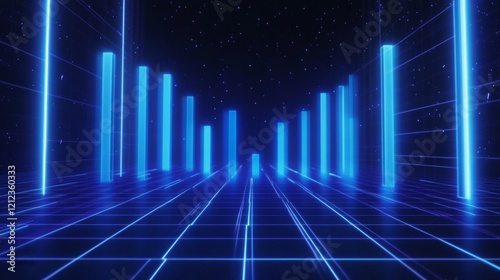 A glowing rising graph with blue bars on a digital grid background 