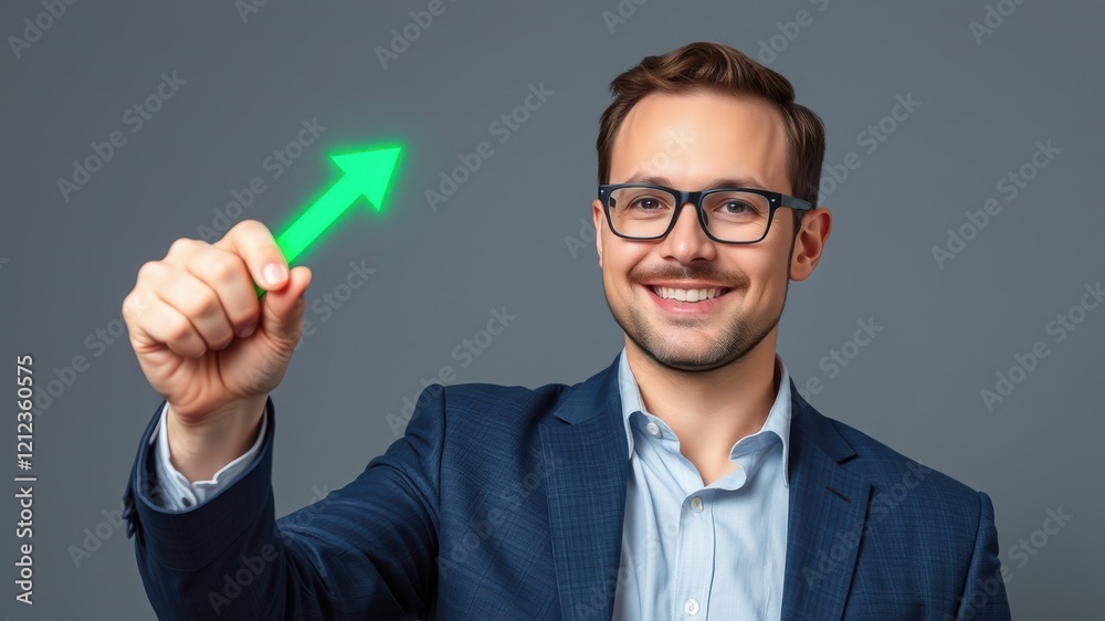Confident Businessman Holding Green Upward Arrow Sign Symbolizing Growth and Success in Professional Environment for Corporate and Financial Themes Confident Businessman Holding Green Upward Arrow Sign Symbolizing Growth and Success in Professional Environment for Corporate and Financial Themes