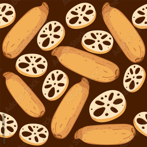 Pattern of lotus roots and taro on a brown background. Ideal for Asian cuisine-themed designs or food packaging. Vector illustration