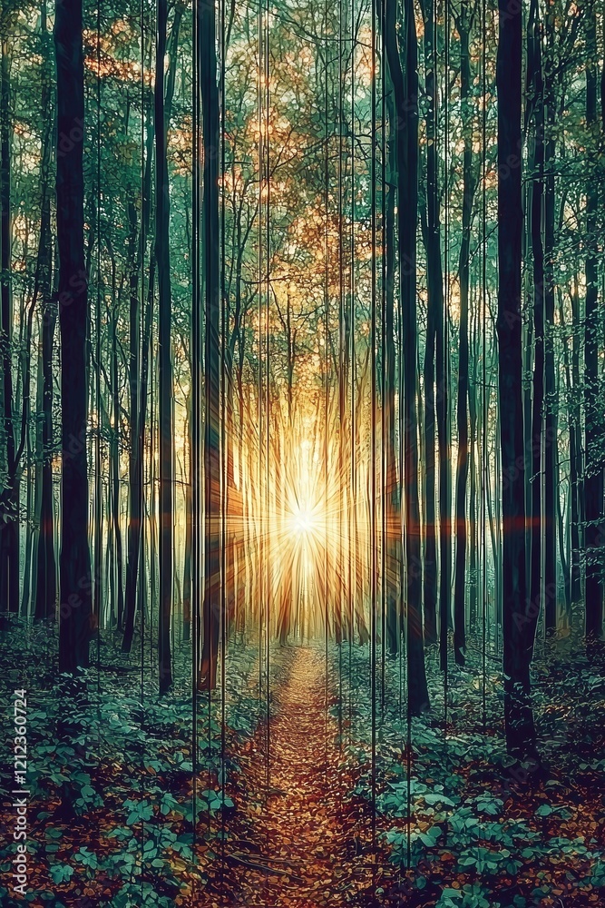 Obraz premium Sunlight filters through tall trees in a serene forest, creating a magical atmosphere.
