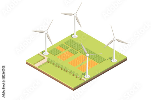 Isometric rural scene with farm field, trees and big windmills wind turbines. Green generation electricity, renewable energy. Vector illustration isolated on white background