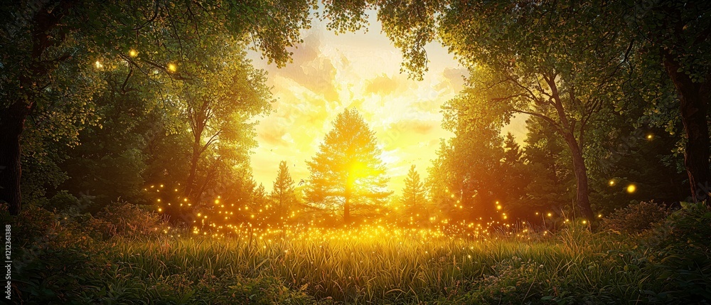 Obraz premium A golden sunset filters through lush trees in a serene forest setting.