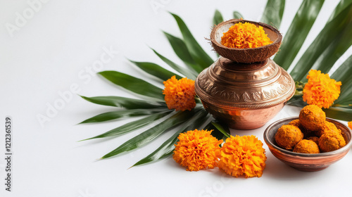 kalash is surrounded by marigold flowers photo