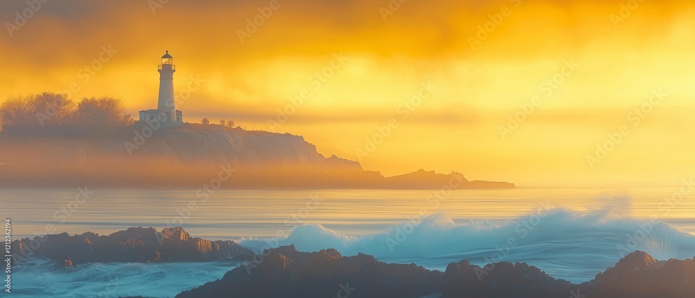 Fototapeta premium A stunning lighthouse stands against a vibrant sunset, illuminating the misty ocean waves.