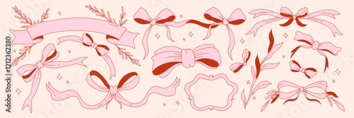 Vintage bow and ribbon set. Romantic girly vibe. Ribbons and bows with plants, frames.