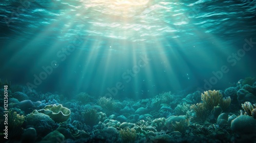 Wallpaper Mural A serene underwater scene with sunlight filtering through the water, illuminating vibrant corals and marine life. Torontodigital.ca