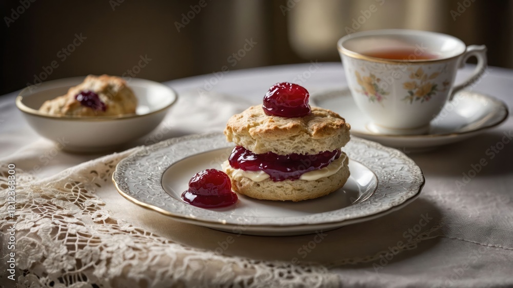 A cozy tea setting featuring scones with jam and a cup of tea. A cozy tea setting featuring scones with jam and a cup of tea.