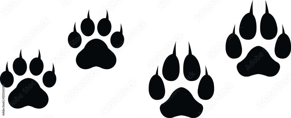 Fototapeta premium Dog or cat paw print design flat and line icon set. Black vector collection isolated on transparent background. Footprint pet step symbol for animal zoo, vet logo element apps and websites.