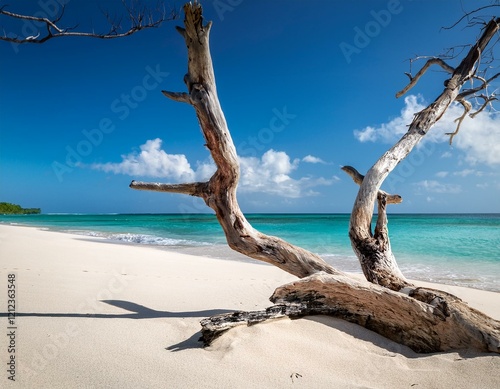 driftwood and bent trees on a white sand caribbean beach in negril jamaica coastal nature photo