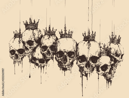Editable Skull with Thorns a Crown of Roses Vector