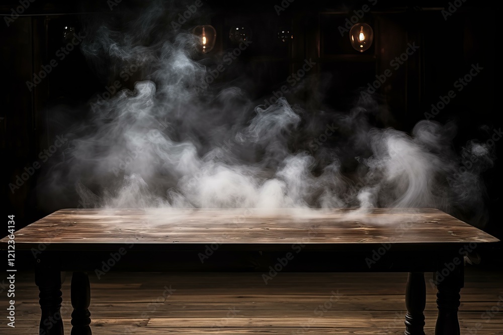 Φωτογραφία White smoke covering empty wooden table in dark room with hanging lamps, creatin