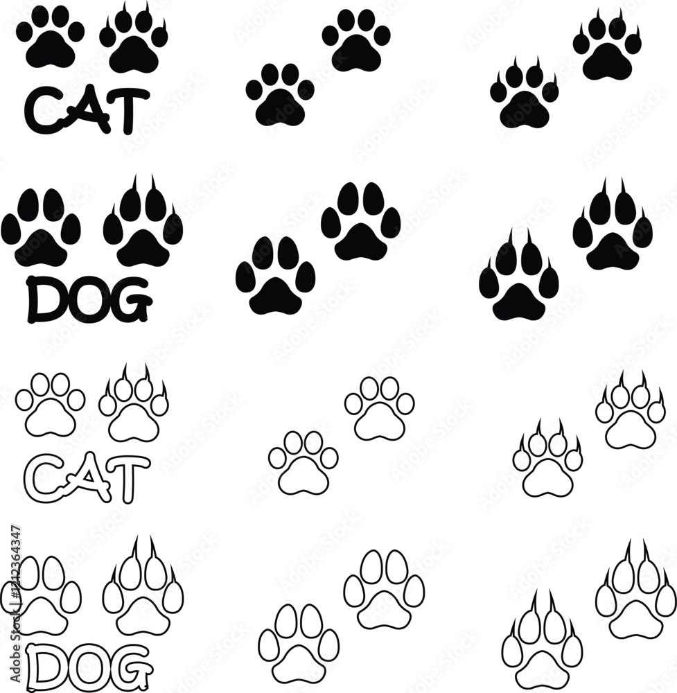 Fototapeta premium Dog or cat paw print design flat and line icon set. Black vector collection isolated on transparent background. Footprint pet step symbol for animal zoo, vet logo element apps and websites.