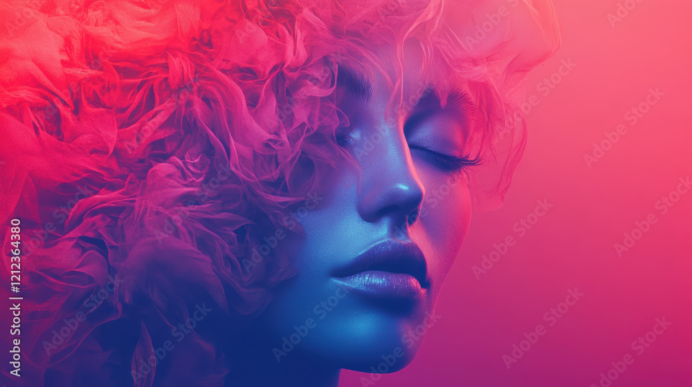 serene woman with closed eyes is enveloped in vibrant pink and blue smoke serene woman with closed eyes is enveloped in vibrant pink and blue smoke