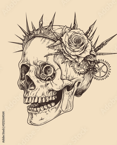 Editable Skull with Thorns a Crown of Roses Vector