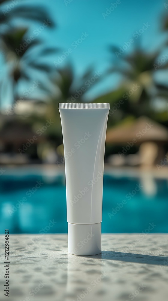 Naklejka premium White tube without label placed near the swimming pool in resort. Natural cosmetic concept. Empty label for branding mockup, vertical