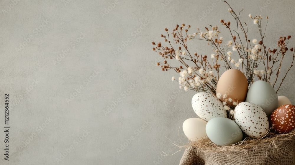 A rustic basket filled to the brim with colorful pastel eggs and fresh wildflowers rests on a burlap cloth, evoking feelings of springtime joy and warmth in soft lighting A rustic basket filled to the brim with colorful pastel eggs and fresh wildflowers rests on a burlap cloth, evoking feelings of springtime joy and warmth in soft lighting