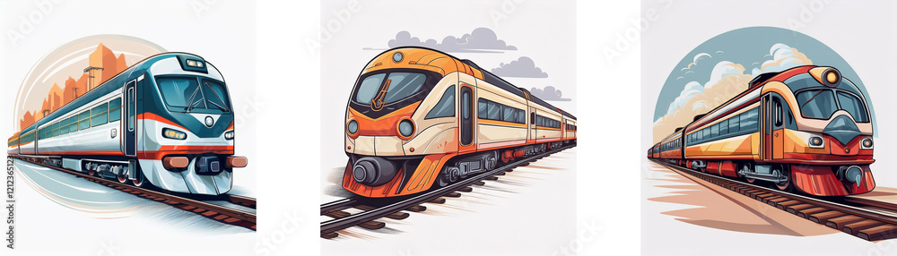 Naklejka premium Three different train illustrations showcasing diverse designs and scenic backgrounds. Each train is depicted on its own railway track.