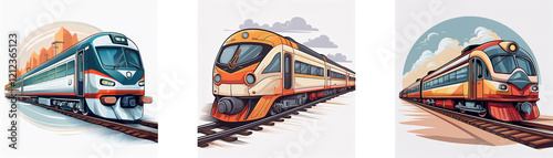 Three different train illustrations showcasing diverse designs and scenic backgrounds.  Each train is depicted on its own railway track.