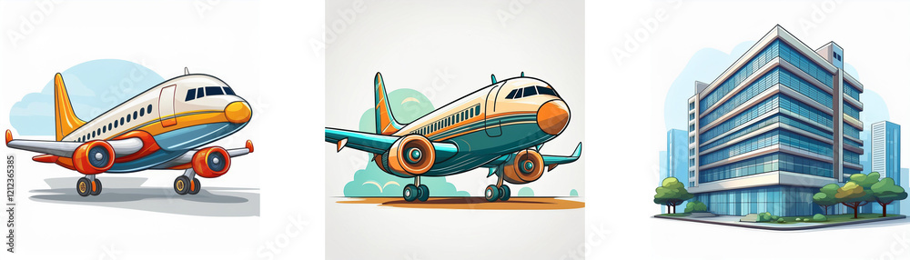 Cartoon illustration features two airplanes and a modern building, suggesting travel and urban landscapes. Cartoon illustration features two airplanes and a modern building, suggesting travel and urban landscapes.