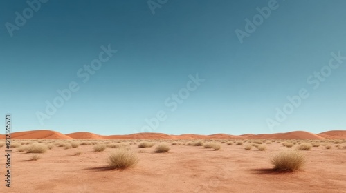 Vast stretches of the Australian outback reveal an expansive red desert dotted with sparse shrubs, framed by a brilliant blue sky. The soft light enhances the striking earthy tones