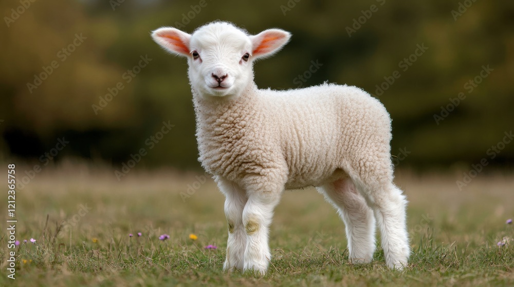 A fluffy white lamb stands gracefully in a lush green pasture, illuminated by gentle sunlight. Wildflowers bloom in the background, creating a serene countryside ambiance on a delightful day A fluffy white lamb stands gracefully in a lush green pasture, illuminated by gentle sunlight. Wildflowers bloom in the background, creating a serene countryside ambiance on a delightful day