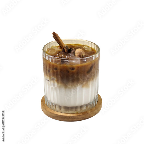 Cuadro en lienzo Iced coffee with milk and a cinnamon stick garnish in a textured glass