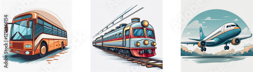 A colorful illustration showcases three modes of transportation: a bus, a train, and an airplane, representing land, rail, and air travel.