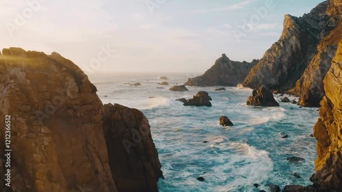 Aerial Scenic Views of Portugal’s Stunning Sea Cliffs.Awe-inspiring aerial footage of Portugal's dramatic sea cliffs, turquoise waters, and coastal beauty. Ideal for travel, nature, and landscape proj