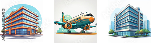 A colorful illustration showcasing urban architecture and air travel.  Modern buildings and a passenger airplane are depicted.