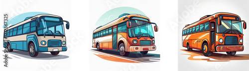 Three cartoon buses, each a different color, are shown on a light background.  They appear to be traveling on roads.