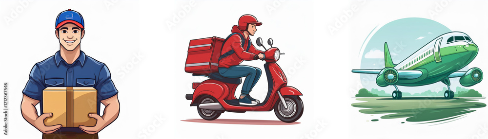 Delivery methods: courier, scooter, and airplane transport various packages. Fast and reliable shipping options are shown. Delivery methods: courier, scooter, and airplane transport various packages. Fast and reliable shipping options are shown.