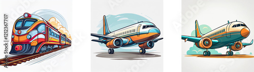 Wallpaper Mural Colorful illustration of train and airplanes.  Travel options are shown with vibrant designs. Torontodigital.ca