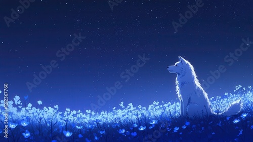 Lone White Wolf Under Starry Night Sky in Flower Field