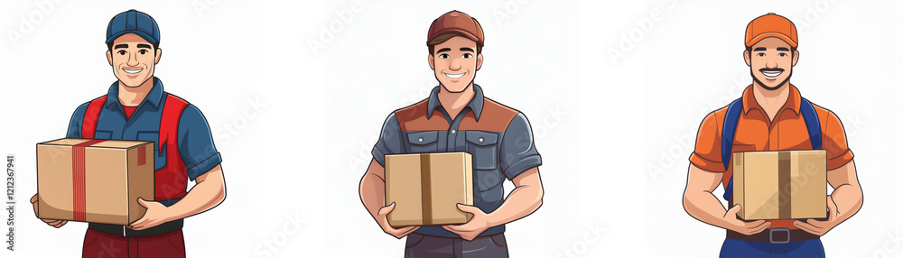 Three delivery workers, each in different uniforms, smile while holding packages. They represent diverse delivery services. Three delivery workers, each in different uniforms, smile while holding packages. They represent diverse delivery services.