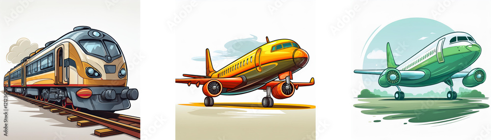 Fototapeta premium Illustration showcasing various modes of transportation: a high-speed train, a passenger airplane, and a commercial jet. Each vehicle is depicted in a vibrant, cartoonish style.