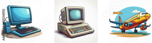 Retro illustration featuring vintage computers and a cartoon airplane, suggesting themes of technology and travel from a bygone era. photo