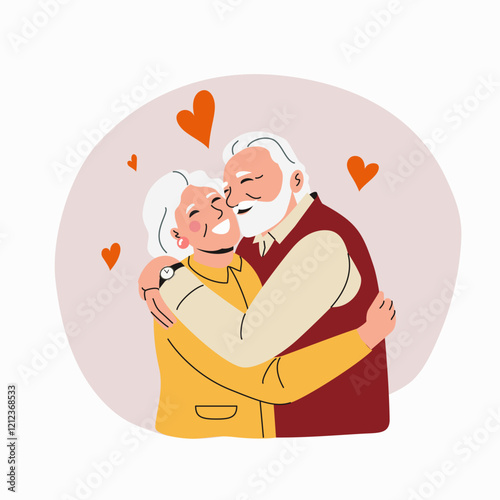 Loving Elderly Couple In Love Hugging. Flat style cartoon vector illustration.